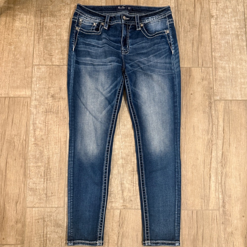Miss Me Womens Size 32 Skinny Jeans Dark Wash Contrast Stitch Rhinestone Bling